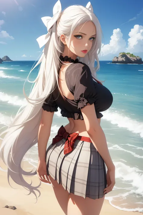 Big breasts, she is a Milf, Busty ((beautiful and cute 28 year old woman)), (((((long, straight, flowing natural white hair with a bow in her hair))))), double doubles, green eyes , clear and detailed, hyper detailed, light effect on the eyes, detailed iri...