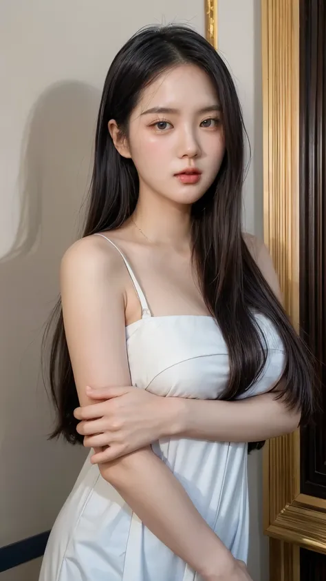 a photo of a confident and striking korean woman in a cheerful yet calm pose, with beautiful big breasts. her hair is long and s...