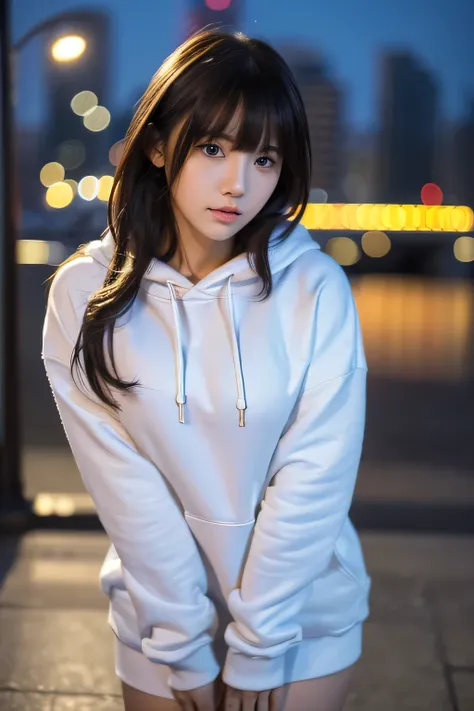 (8k、RAW Photos、Best Quality、masterpiece:1.2)、(Realistic、Photorealistic:1.37)、Ultra-detailed、Ultra-high resolution、1 girl、knee shot, Seeing the viewer、Beautifully detailed face、Hoodie、 Disheveled Hair, Asymmetrical bangs、Beautiful detailed skin、Skin Texture...