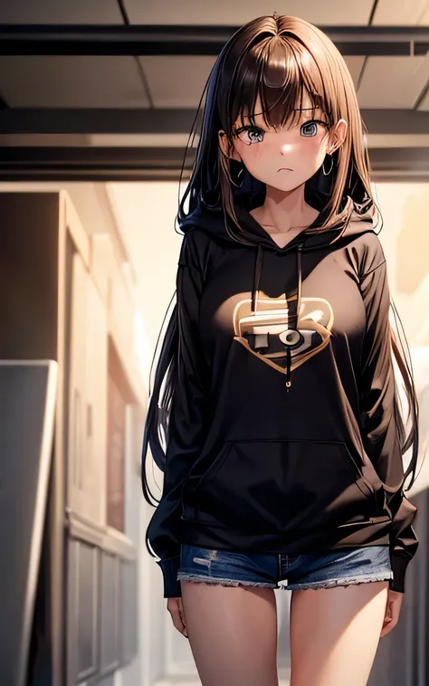 (1 girl,slim,Large Breasts,Long brown straight hair,slope_eye、)（hoodie）、A crying face saying &quot;No&quot;、Conceptual Art, Sulky face、masterpiece, Super detailed, Attention to detail, High image quality,, High resolution,Flapping his arms and legs々Kneadin...