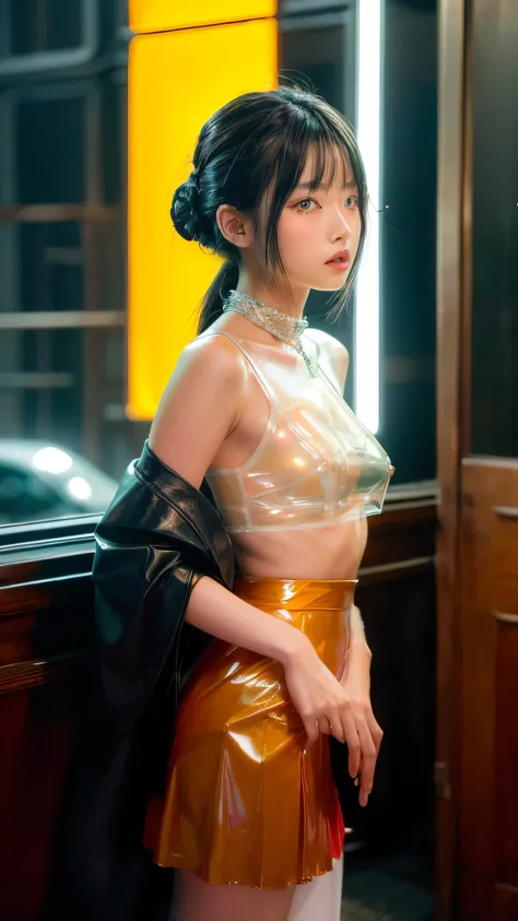 (8k, RAW Photo, Best Quality, Masterpiece: 1.2), Surreal, Ultra HD, Cinema Lighting, (Medium Chest: 1.5), High Resolution, (Fluorescent: 1.4), (Translucent: 1.4), (Vintage Filter: 1.4), (Fantasy: 1.4), stylish fashion Japan young female model, dreamy and e...