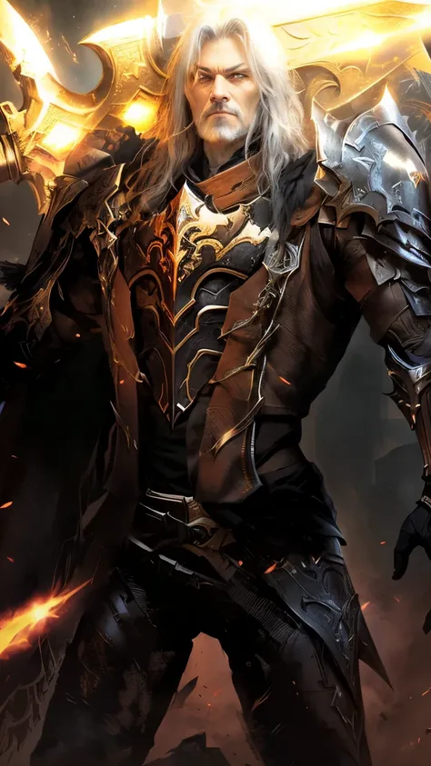 There was a man standing in the darkness with a sword and armor, Diablo style, Raymond Swarland&#39;s style, Black fire reflective armor, Wearing Witchblade armor, Ultra-detailed game art, Lineage 2 Style, Inspired by Raymond Swanland, From ncsoft, Demon d...