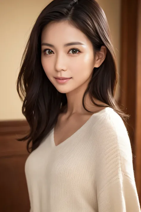 Attractive woman in her 30s、Frontal portrait of a person looking at the camera with a warm expression。Big, gentle, shining eyes、Soft smiling lips。Natural glossy black hair、Gentle waves and shoulder length。Skin appears smooth and has a healthy glow、A natura...