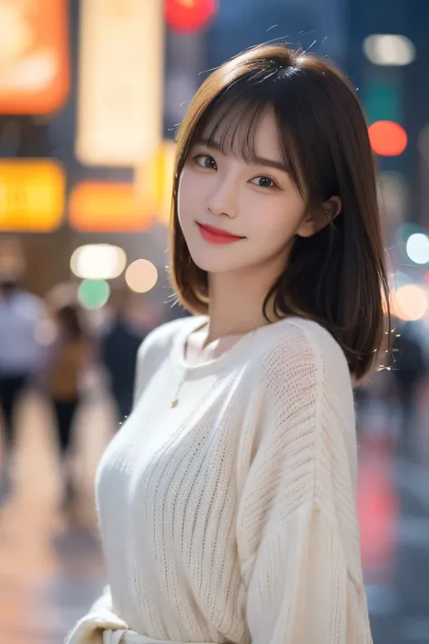 Random posture, (very delicate and 美しいwork), (masterpiece), One girl, knit, Girl in sweater, Very detailed, Waist leak, Medium Hair, Disheveled Hair, Asymmetrical bangs, Light brown hair, Attractive appearance, Beautiful clear eyes, Green Eyes, Simple blur...