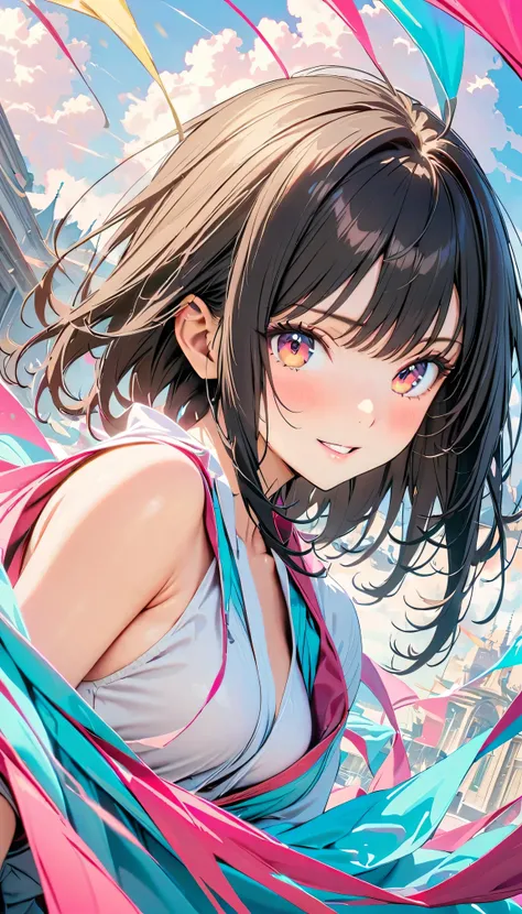 Best Quality, Very detailed, High resolution, Vibrant, masterpiece, Best Quality, Best aesthetics, One Woman, Super Fine, 8k, Very detailed, Beautiful Goddess, Pastel colored clouds, Pop Art, Delicate and dynamic, Pastel Color Fantasy, Black Hair, official...