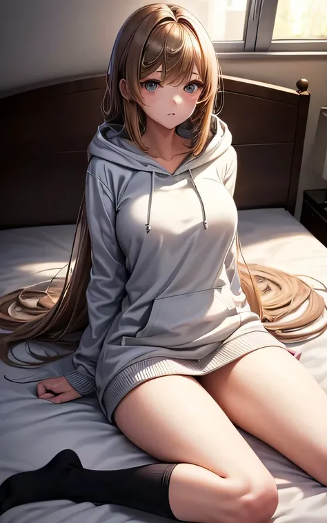 (1 girl,slim,Large Breasts,Long brown straight hair,Side bangs,slope_eye),(hoodie,Loose socks),Conceptual Art, masterpiece, Super detailed, Attention to detail, High image quality,Please redeem, High resolution,Sexy and lovely pose,In bed