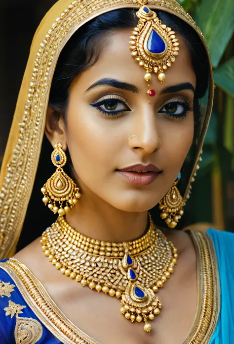 arafed woman in a blue and gold outfit posing for a picture, wearing gold jewellery, gold jewellery, heavy gold jewellery, gold adornments, golden jewellery, indian goddess, traditional beauty, gold adornements, cinematic goddess close shot, wearing jewell...