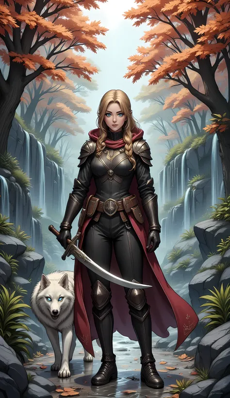 fantasy art, RPG art, Dark fantasy art, ultra wide shot, RAW, photorealistic, a picture of female human ranger and her (white: 1.4) wolf pet, the ranger, an exquisite beautiful human woman, long blond hair, braided hair, green eyes, wearing leather armor, ...