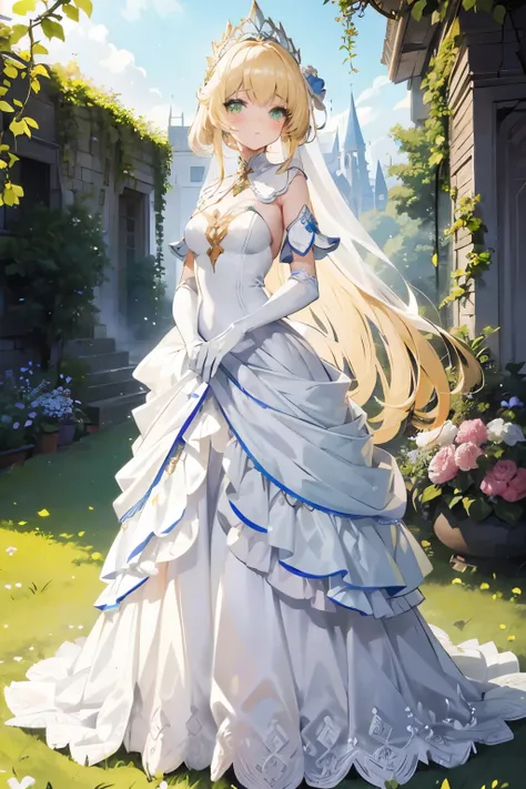 girl, blonde hair, green eyes, long gorgeous beautiful fantasy white complex princess gown with embroidery and layers, white gloves, white laced head cape, masterpiece, best quality, colourful, full-body image, standing, garden, blushed crimson, beautiful