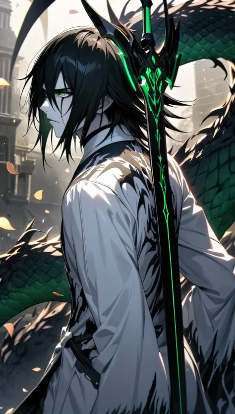 absurdres, highres, ultra detailed, HDR, masterpiece, extremely detailed face and eyes, perfect face, Ulquiorra Cifer, Raven hair, hair between the eyes, expressive green eyes, pale skin, Bleach, solo, sexy man, handsome, white coat, tight black shirt, pat...