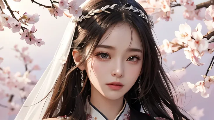 Realistic, High resolution, Soft light,1 Female, Alone, is located at a high position, Shiny skin, (Detailed face),Tattoo, jewelry, Transparent wedding hanfu, cherry blossoms, night, White wavy hair, Beautiful soldier, Eyes that invite the viewer, Lover&#3...