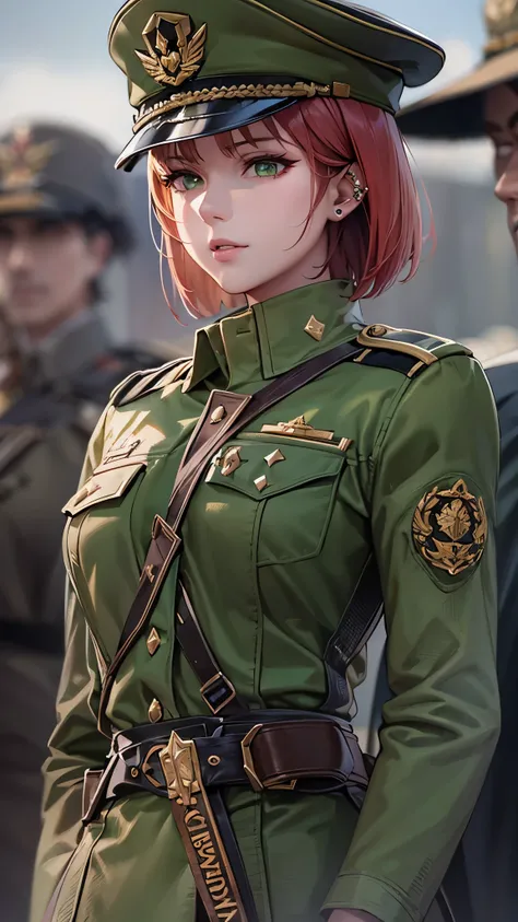 ((Best Quality)),(Ultra-high resolution),(Super detailed),(Detailed Description),((The best CG)),(masterpiece),Highly detailed art,(Art with precise detail:1.5), (Female Officer:1.7),(Vermilion Hair:1.7, Short Bob:1.6),(Beautiful and well-proportioned face...