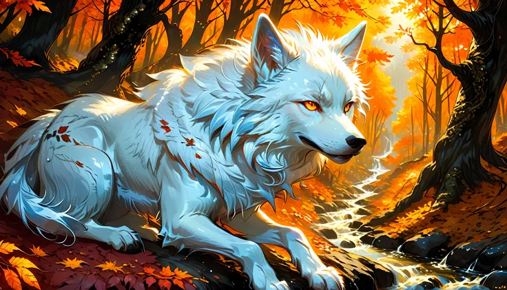 an epic white wolf sitting in the forest at autumn, an epic white wolf, with glowing eyes, at  fantasy autumn forest, fantasy forest (intricate details, Masterpiece, best quality: 1.5), (at autumn: 1.5), in orange, red, yellow brown leaves, many trees, a s...