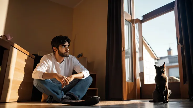 A man looks sad after being ignored by his cat