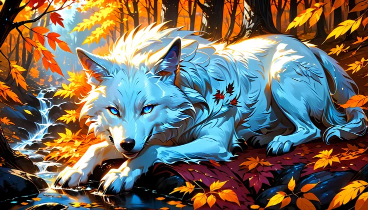 an epic white wolf sitting in the forest at autumn, an epic white wolf, with glowing blue eyes, at  fantasy autumn forest, fantasy forest (intricate details, Masterpiece, best quality: 1.5), (at autumn: 1.5), in orange, red, yellow brown leaves, many trees...