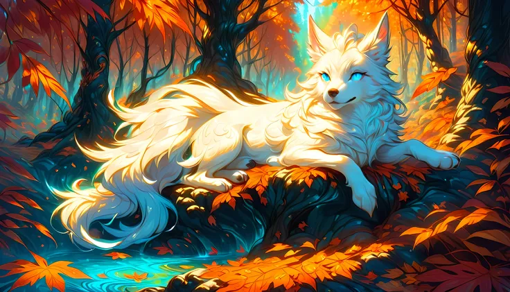 an epic white wolf sitting in the forest at autumn, an epic white wolf, with glowing blue eyes, at fantasy autumn forest, fantasy forest (intricate details, Masterpiece, best quality: 1.5), (at autumn: 1.5), in orange, red, yellow brown leaves, many trees...
