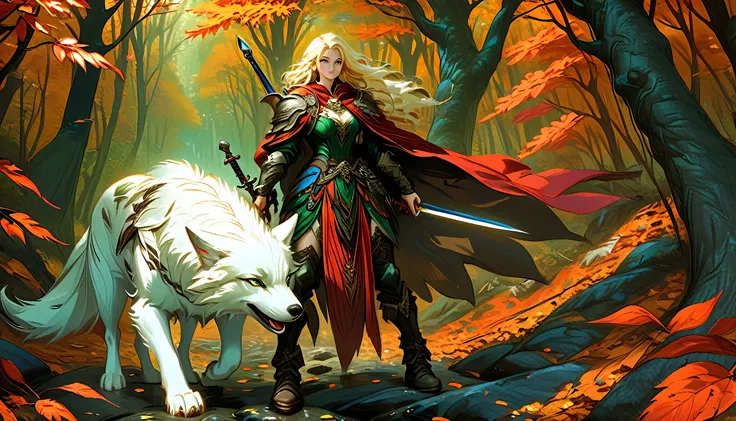 fantasy art, RPG art, Dark fantasy art, ultra wide shot, RAW, photorealistic, a picture of female human ranger and her (white: 1.4) wolf pet, the ranger, an exquisite beautiful human woman, long blond hair, braided hair, green eyes, wearing leather armor, ...