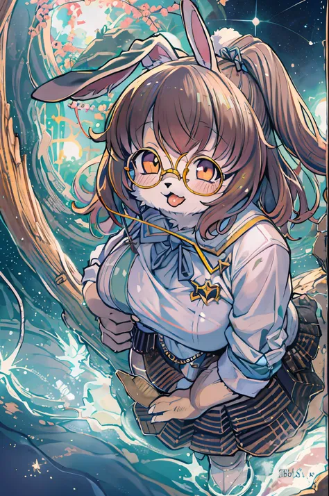 From above , Full Body Shot , Hairy Rabbit Short Girl , (Realistic hairy rabbit fur:1.2) , Round mumps face , (Turn your face away:1.2) , Otaku , Swollen cheeks , Glossy lips , Glasses , School Sailor , skirt , Floating in the starry sky , floating , Space...