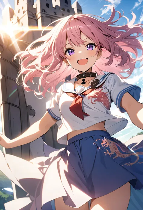 dragon tattoo, collar, collar, keyhole on chest, white sailor uniform + blue skirt + red tie + short sleeves, purple eyes, pink blonde hair, wavy medium hair, Nao Hosei, smiling, opened mouth, Camelot Castle, sky, shining sunlight