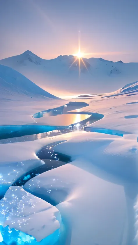 A glacier winds through the foreground,its surface completely covered by a thin layer of ice,reflecting the ethereal glow of the ice above. Its like a winter wonderland,with light,cold blue rivers winding through soft,powdery hills and snow capped mountain...