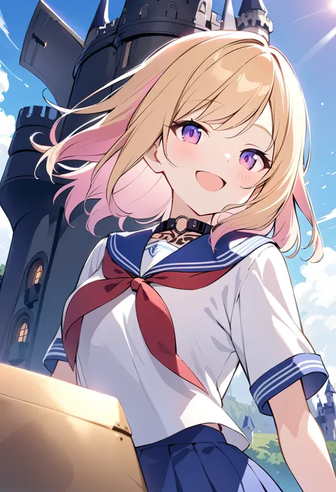 solo, 1 girls, dragon tattoo, arms tattoo, neck tattoo, collar, keyhole on chest, marine sailor uniform + blue skirt + red tie + short sleeves, blue purple eyes, pink and blonde hair, right swept bangs, wavy medium hair, Nao Hosei, smiling, opened mouth, C...