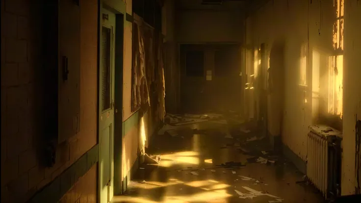 a spooky hospital hallway, dark eerie atmosphere, flickering lights, peeling paint, cobwebs in corners, broken tiles on the floor, abandoned wheelchairs, shadows lurking, unsettling vibe, (best quality,4k,8k,highres,masterpiece:1.2),ultra-detailed,(realist...