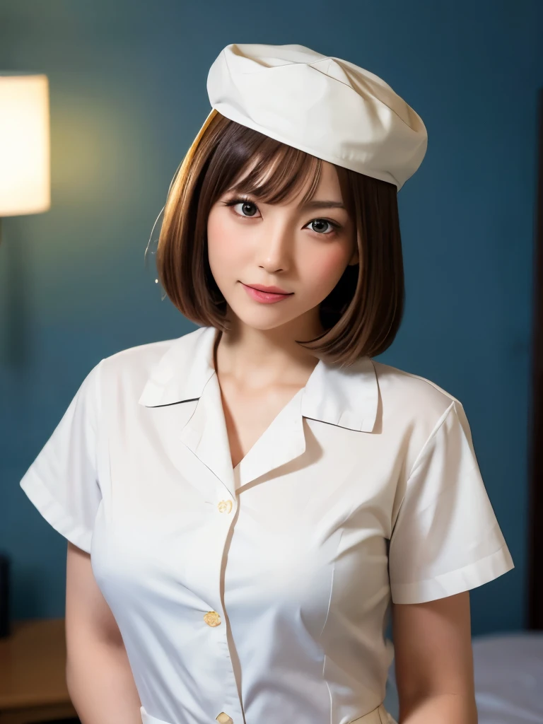 (highest quality, 8k, 32K, masterpiece, Hmm:1.2),Photos of beautiful Japanese women, 1 girl, (medium short dark brown hair), (big breasts), double eyelid, white nurse uniform, little white nurse (cap), white shirt, open shirt, hospital, hospital room, Uppe...