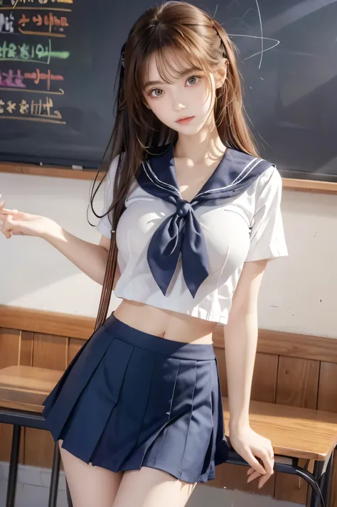 (Ultra HD), (Looking at me), (Short-sleeved sailor uniform, Navy blue mini skirt), Big Breasts, Super beautiful breasts, Slender, (Thin legs:1.2), (Thin thighs:1.2), (Thin Hips:1.4), (Beautiful Skin, Shiny skin, White skin), (Super slim face, Super beautif...