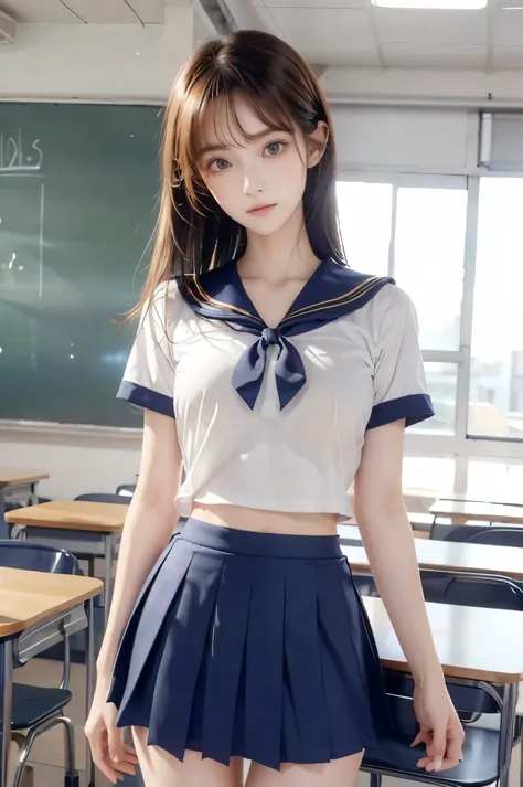 (Ultra HD), (Looking at me), (Short-sleeved sailor uniform, Navy blue mini skirt), Big Breasts, Super beautiful breasts, Slender, (Thin legs:1.2), (Thin thighs:1.2), (Thin Hips:1.4), (Beautiful Skin, Shiny skin, White skin), (Super slim face, Super beautif...