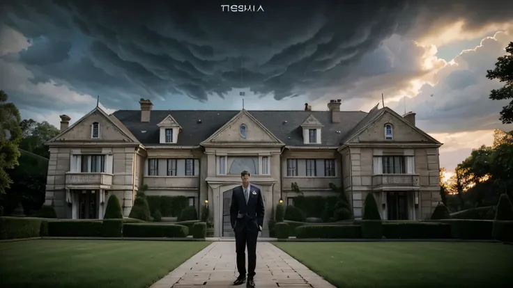 (photorealism:1.2), A wealthy man standing in front of his mansion built with money, and money falling from the sky.