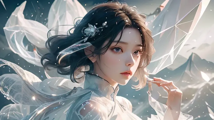 (masterpiece, Highest品質, Highest, Official Art, Beautiful and aesthetic, Long Exposure: 1.2), Smooth movement, Attractive patterns, 1 girl, (Long dress with sleeves: 1.3), (((White clothes) )), Upper Body close-up, bare shoulders, Chinese Girl, , Black Lob...