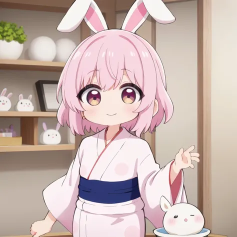 A cute fluffy little bunny is wearing a pink yukata and smiling.