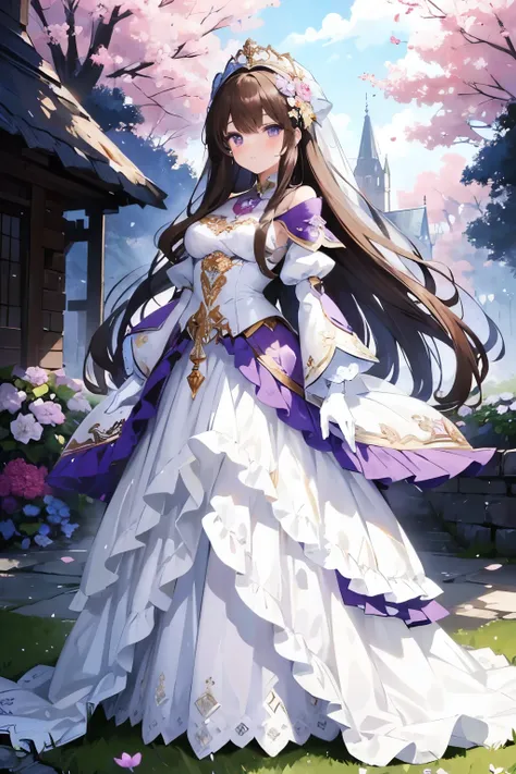 girl, brown hair, purple eyes, long gorgeous beautiful fantasy white complex princess dress with embroidery and layers, white gloves, white laced head cape, masterpiece, best quality, colourful, full-body image, standing, garden, blushed crimson, beautiful