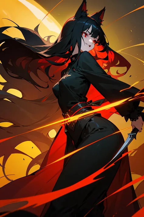 An anime-style character with long, wavy black hair, piercing red eyes, and fox ears. Her face is covered in blood, and she laughs maniacally. She stands in a combat pose, wielding two daggers. Behind her, a sun and the vastness of space are visible, as if...