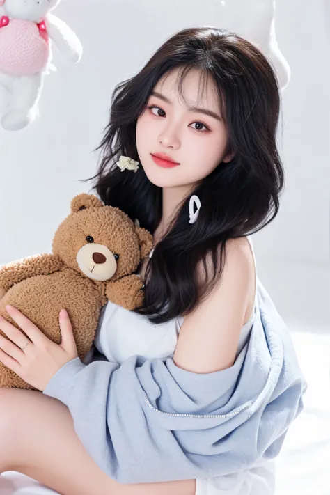 there is a woman sitting on a bed holding a teddy bear, captured on canon eos r 6, taken with canon eos 5 d mark iv, xintong chen, by Ni Tian, solo photoshoot, taken with canon 8 0 d, sha xi, chengyou liu, ulzzang, taken with canon 5d mk4, teddy bear, take...