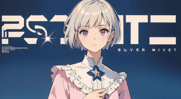 masterpiece, Best Quality, Super detailed, Very short silver haircut, Pink Eyes, Like a magazine cover, Holding a small star badge in each hand, whole body, Casual clothing, Blue background