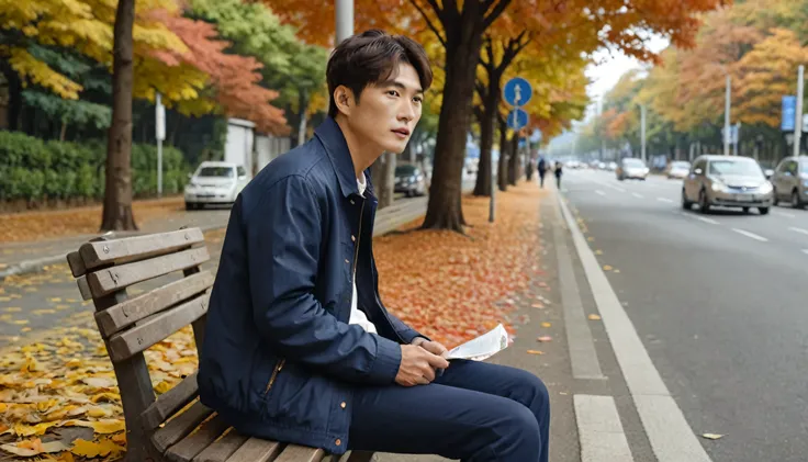 (side shooting), autumn korean man mature boy, the face is a little narrow,vibrant autumn foliage swirls,a lonely figure sitting...