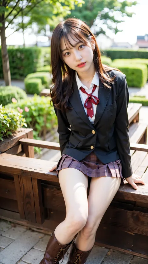 (8k、RAW Photos、Best Quality、masterpiece:1.2)、(Realistic、Realistic)、1 person、((Medium Hair、Brown school uniform、blazer、shirt、Chest Ribbon、Breast enlargement、Check skirt、Thin legs、boots、View、Looking into the camera、garden、))、cute、Nogizaka、