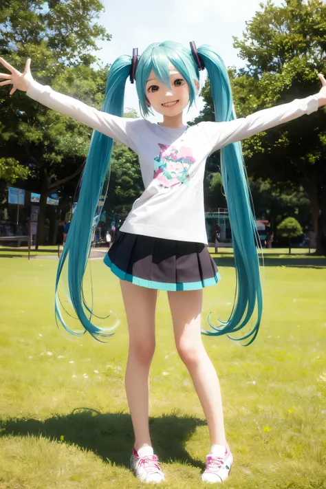 Hatsune Miku standing in a large, empty park、With arms outstretched、Smiling、mini skirt、Cute clothes、Cute face、Smiling、Full-body front view