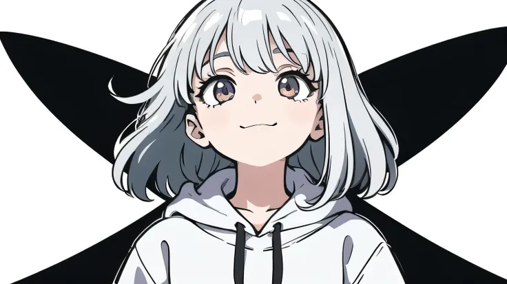 ((((ultra illustrated style:1.0)))),best quality, best animated, masterpiece, flat color, line art, 1girl, solo, silver long hair, silver eyes, chibi, ((looking up)), cheerful, pleased, hoodie, upper body, front view, from front, portrait, simple backgroun...