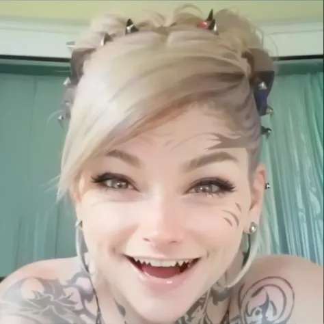 a close-up of a person with a tattoo on his arm, crazy smile, she smiles and is excited, the face of the absurdly beautiful, crazy face, She laughs, so happy, that her face hurts, wearing spikes and piercings, her face looks like an orchid, ugly woman, exc...