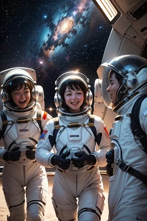 A group of jubilant astronauts, reveling in weightlessness amid the stars, clinking glasses filled with shimmering liquid. Their sleek white spacesuits contrast against the infinite blackness of space, with reflections of distant galaxies dancing in their ...