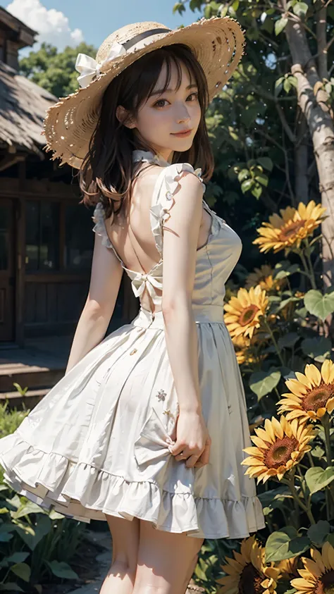 An unbeatable masterpiece, Ultra-realistic photos, Perfect artwork, Intricate details, Highest quality, Strong Light,High Contrast,  Sunflower , Cute pretty girl ,(sweat:0.5) , Arm Back Back , White knee-length camisole dress , Straw hat , smile,Strong Lig...