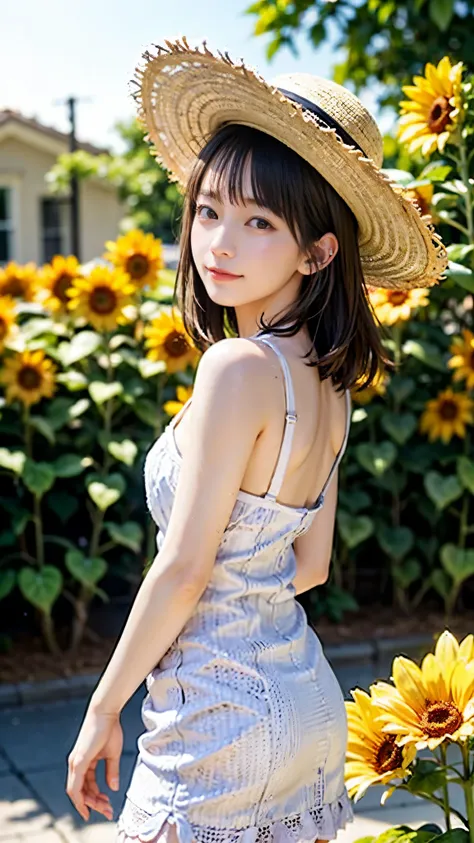 An unbeatable masterpiece, Ultra-realistic photos, Perfect artwork, Intricate details, Highest quality, Strong Light,High Contrast,  Sunflower , Cute pretty girl ,(sweat:0.5) , Arm Back Back , White knee-length camisole dress , Straw hat , smile,Strong Lig...