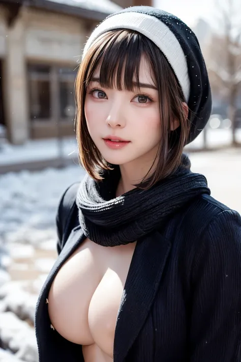 (masterpiece, Best Quality),One Girl, alone, Black-haired, scarf, Have, Realistic, Realistic, Gazing at the audience, Light-coloured black eyes, Short Brunette Bob, Brown coat, Winter clothes, White headscarf, Lips are banned, Outdoor, Mouth closed, Upper ...