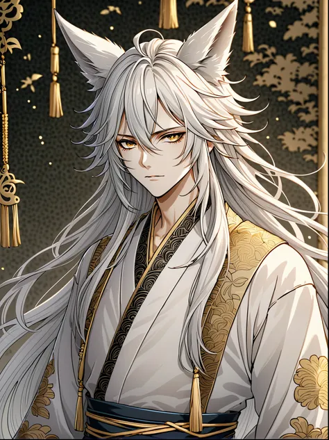 ((Please redeem)), ((masterpiece)), (detailed), ((Perfect Face))、Miyabi、male, 金髪のmale性キャラクター。he, Flowing hair and piercing golden eyes..。It has white fox ears on its head。
performance: 真剣なperformanceをしています。
heプレゼンター風の服を着ていた, Mainly white...、Sword in hand。...