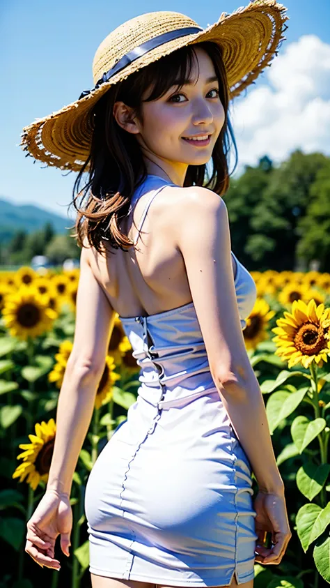 An unbeatable masterpiece, Ultra-realistic photos, Perfect artwork, Intricate details, Highest quality, Strong Light,High Contrast,  Sunflower , Cute pretty girl ,(sweat:0.5) , Arm Back Back , White knee-length camisole dress , Straw hat , smile,Strong Lig...