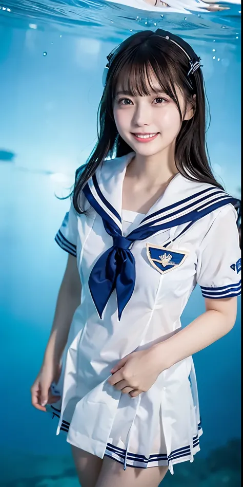 (transparent:1.3),白Sailor suit,Sailor Dress, White Theme,School Uniform, Sailor suit, View your viewers,  Crazy, Gaudy long hair, Beautifully detailed eyes,Hair shines,Dramatic Angle,Blue sailor collar, Perky breasts,Light Smile,Partially underwater shot.....