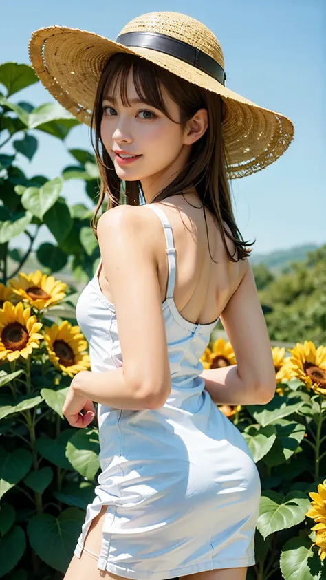 An unbeatable masterpiece, Ultra-realistic photos, Perfect artwork, Intricate details, Highest quality, Strong Light,High Contrast,  Sunflower , Cute pretty girl ,(sweat:0.5) , Arm Back Back , White knee-length camisole dress , Straw hat , smile,Strong Lig...