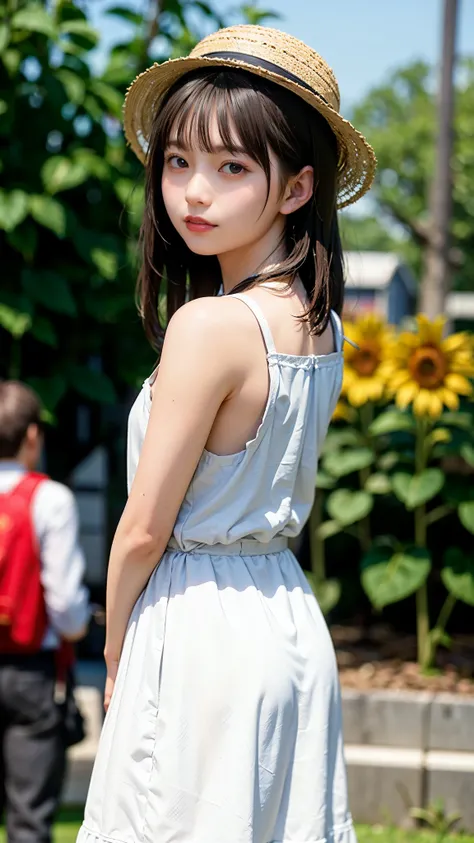 An unbeatable masterpiece, Ultra-realistic photos, Perfect artwork, Intricate details, Highest quality, Strong Light,High Contrast,  Sunflower , Cute pretty girl ,(sweat:0.5) , Arm Back Back , White knee-length camisole dress , Straw hat , smile,Strong Lig...